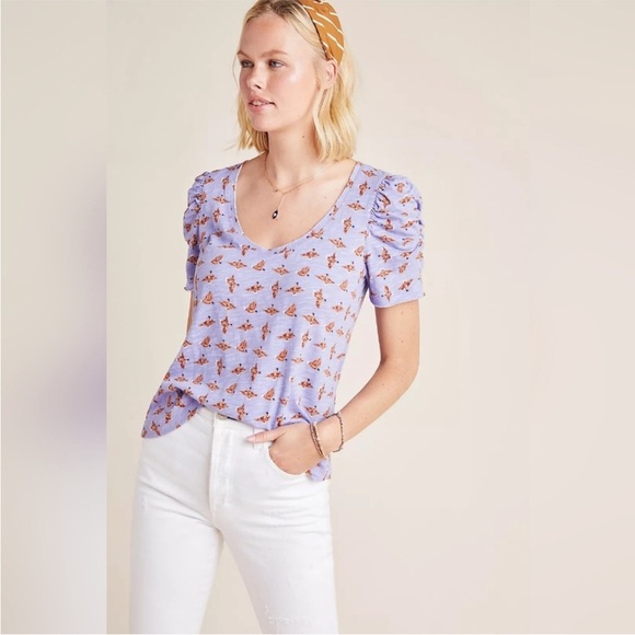 Anthropologie Maeve Saralee Sheer Ruched Top Purple Duck Print Blouse Tee L - Picture 1 of 6